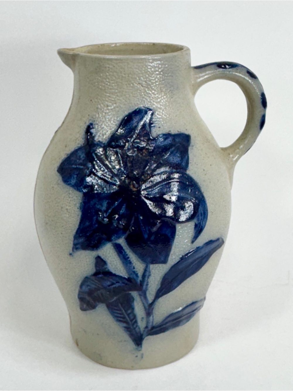 Whites Pottery Of Utica Pitcher Stoneware Cobalt Lily Daffodils 6” Antique salt